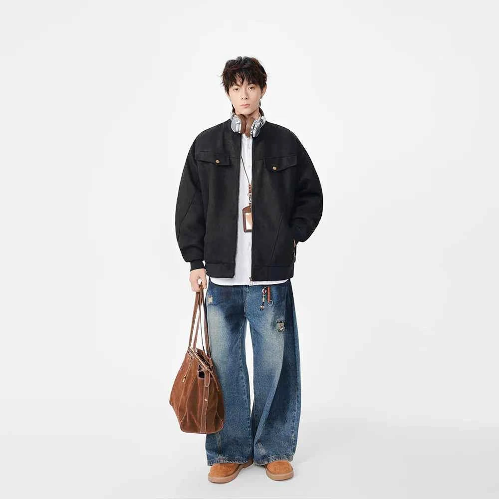 Distressed Pattern Casual Full Zip Jacket
