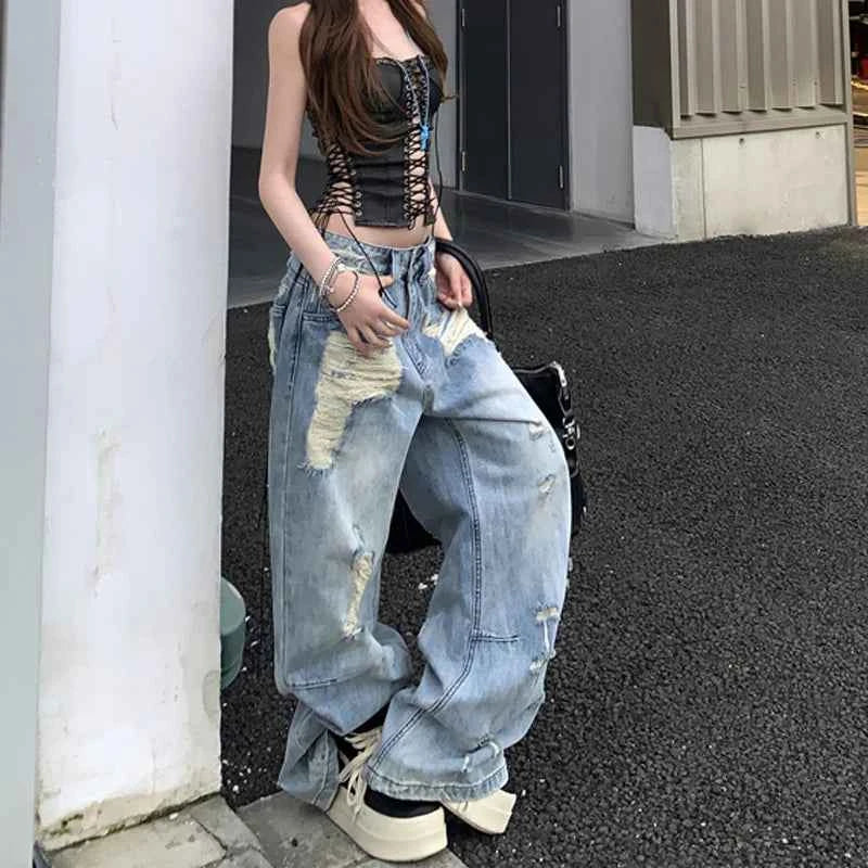 Breathable Comfort Vintage Ripped Wide Leg Jeans
