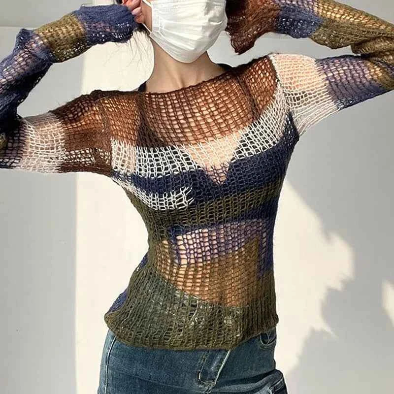 Contrasting Colors Hollow Backless Striped Sweater