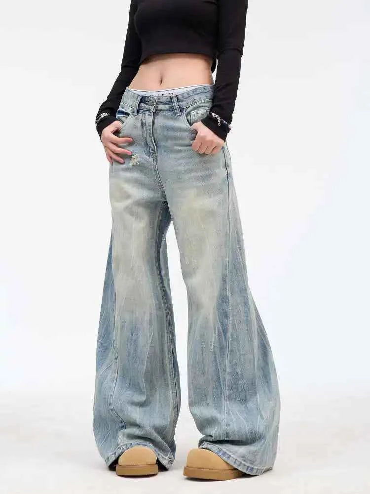 Blue Splicing Straight Leg Oversized Jeans