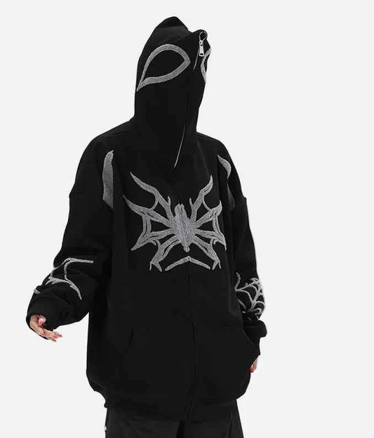 Spider Web Print Gothic Zip-Up Hooded Sweatshirt
