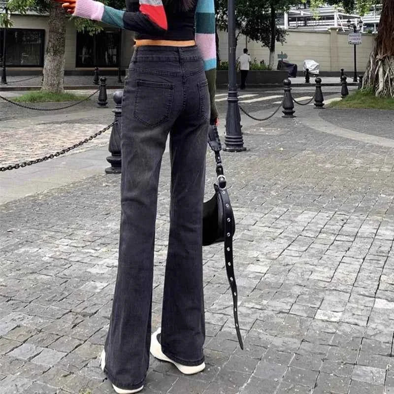 Durable Streetwear High Waist Elastic Flare Jeans