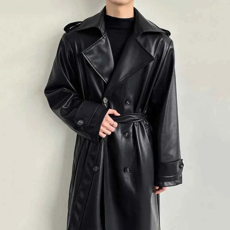 Stylish Black Leather Double Breasted Coat