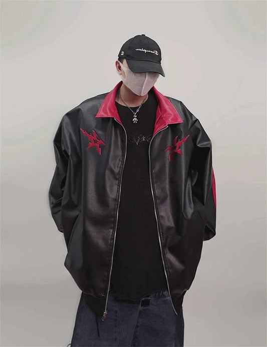 Vintage Print PU Leather Varsity Jacket