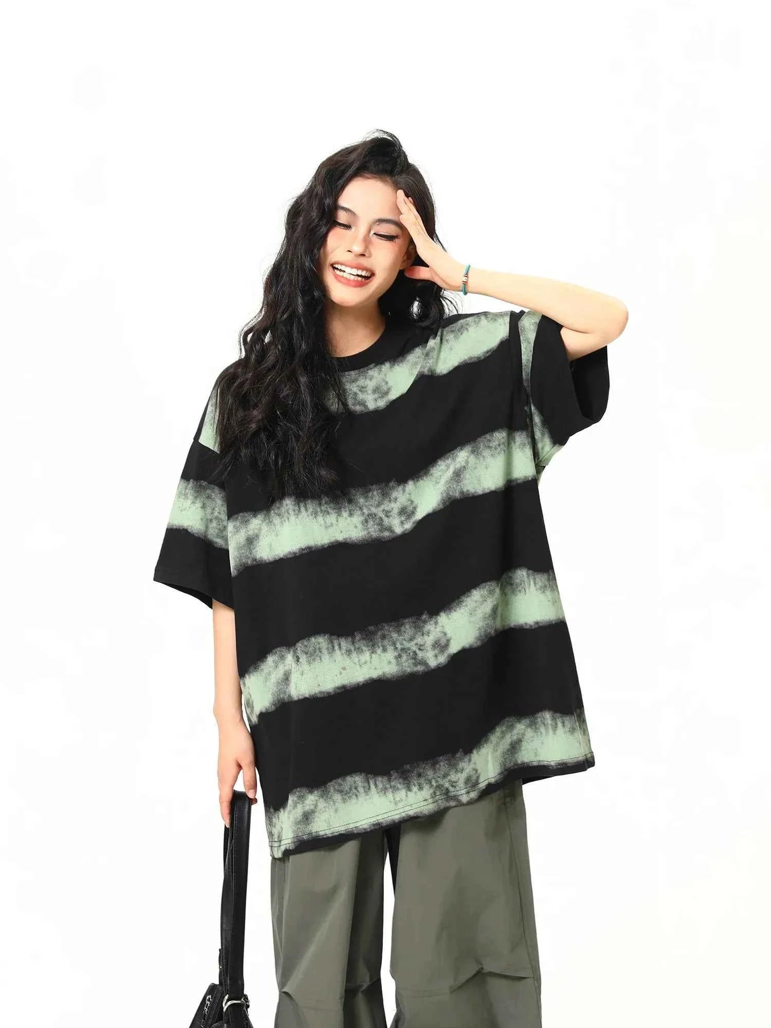 Streetwear Striped Retro Inkjet T-Shirt