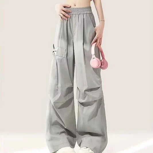 Women Elastic High Waist Gray Cargo Pants