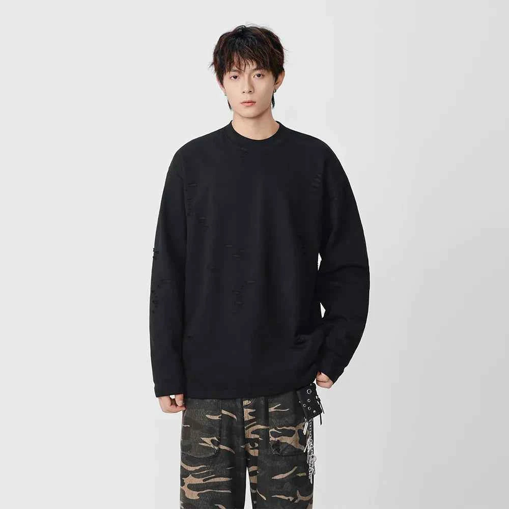 Distressed Solid Color Crew Neck Long Sleeve T-Shirt