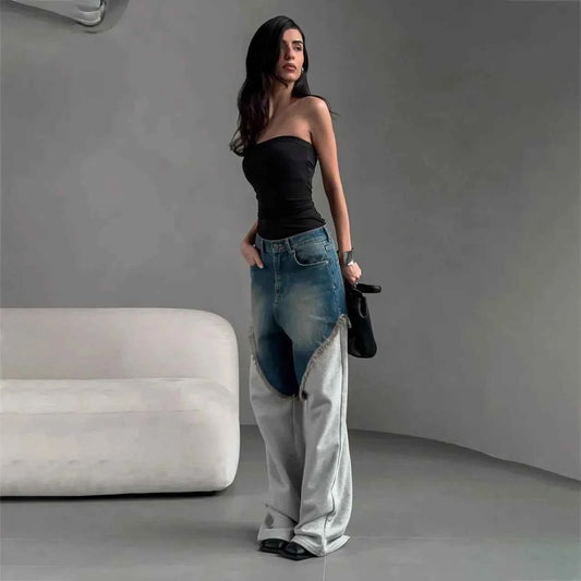 Distressed Patchwork Wide Leg Denim Pants