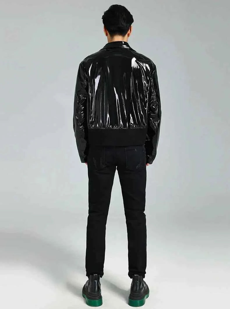Black Shiny Reflective Patent PU Leather Jacket