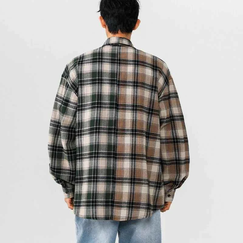 Streetwear Stylish Two Color Plaid Patchwork Cotton Long Shirt