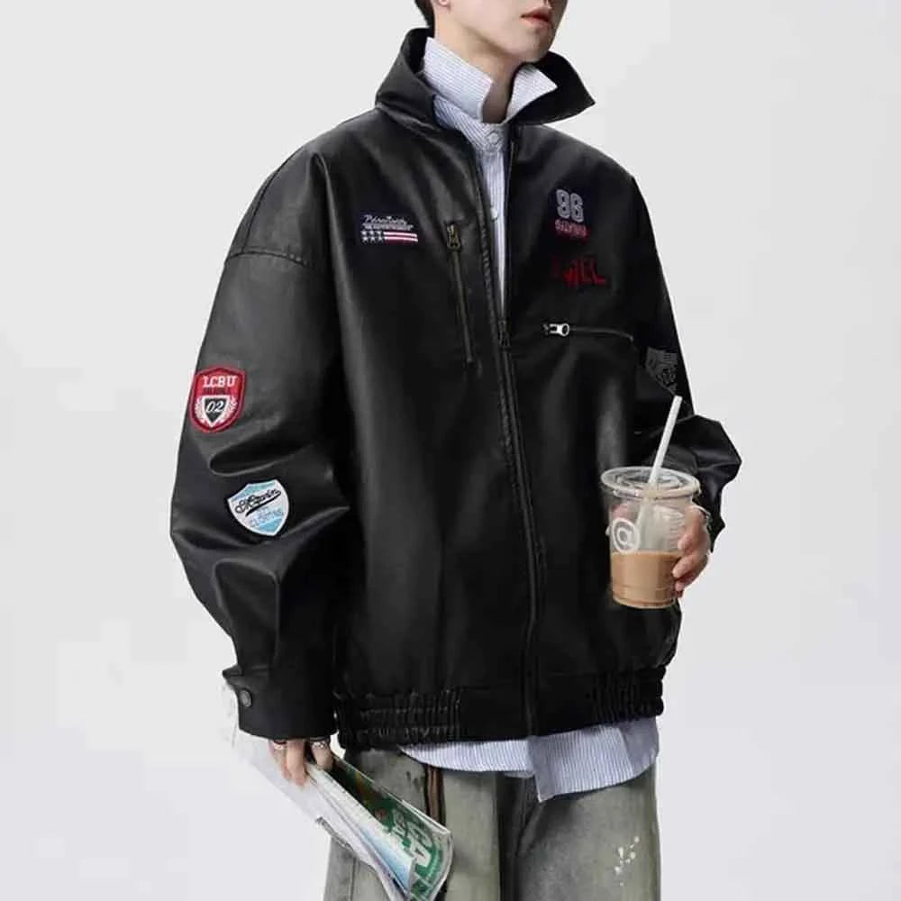 Trendy Retro Embroidered Leather Racing Jacket