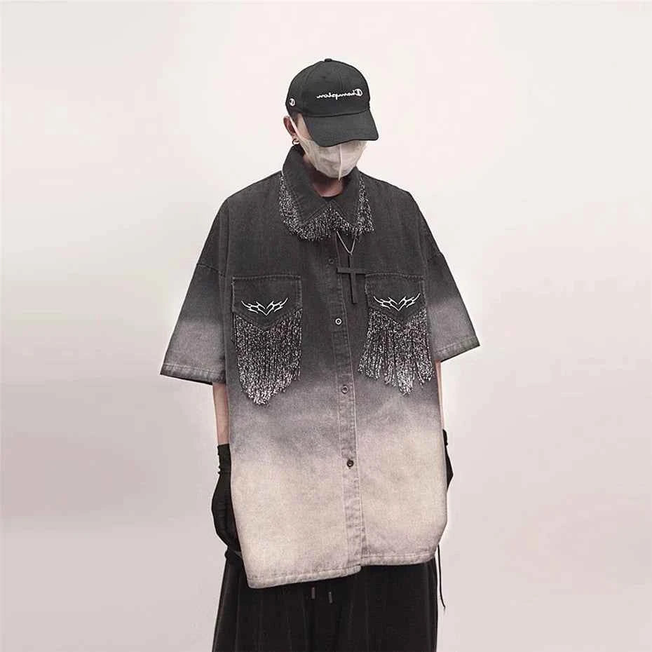 Oversized Black Tassels Denim Shirt