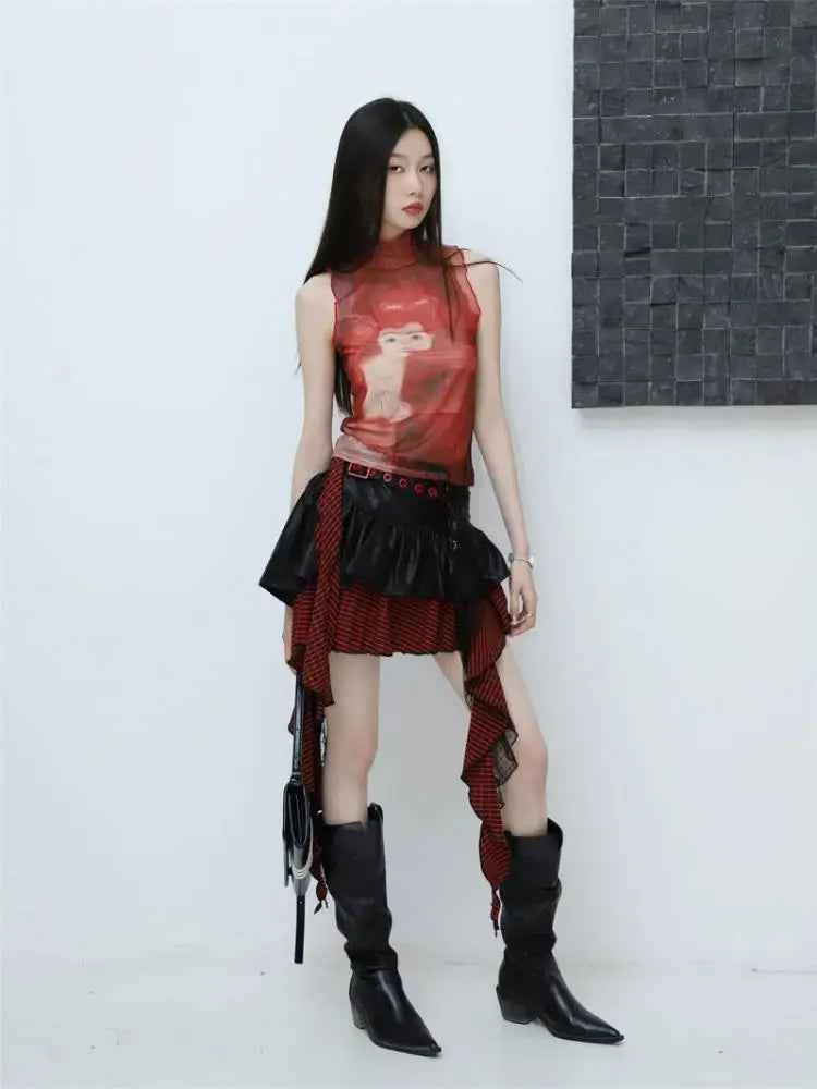 Bold Red Mesh Graphic Tank T-Shirt