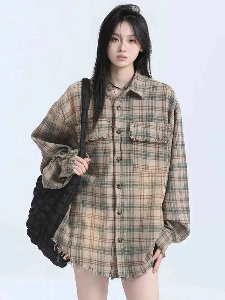 Women Streetwear Vintage Plaid Tassel Long Sleeve Shirt