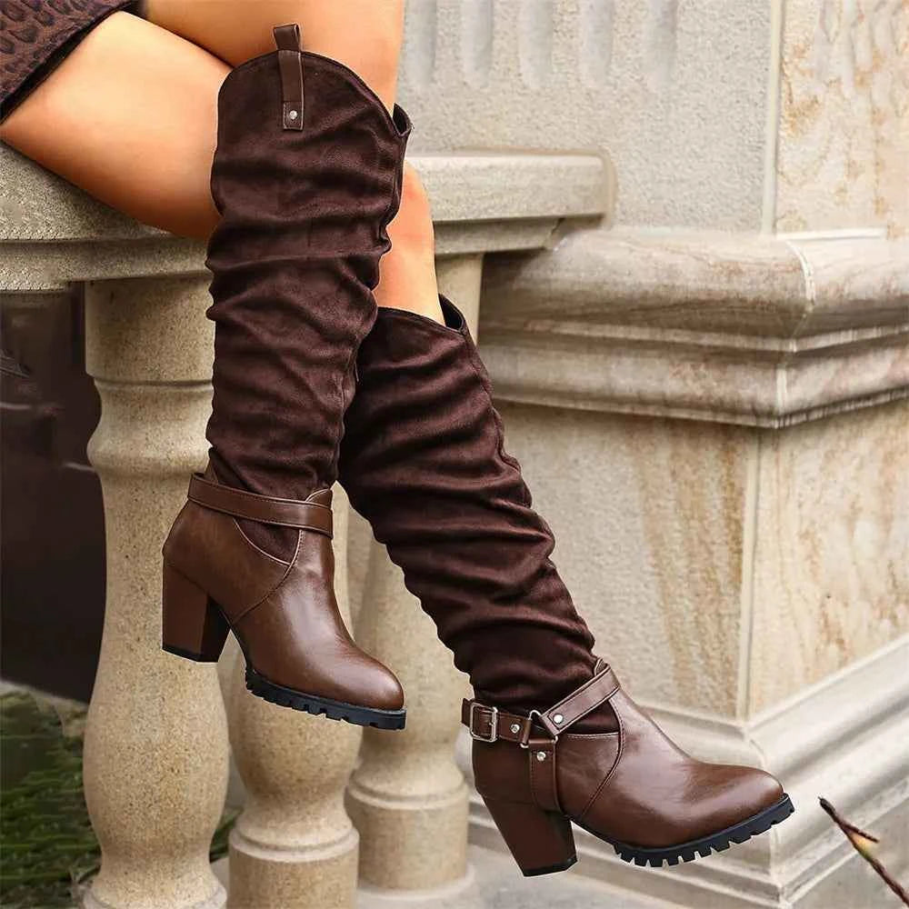 Vintage Buckle Belt Knee High Boots