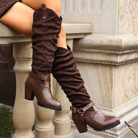 Vintage Buckle Belt Knee High Boots