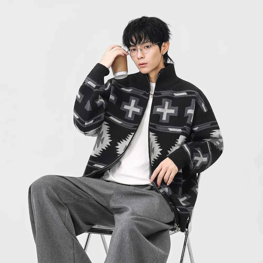 Geometric Pattern Casual Full Zip Cardigan