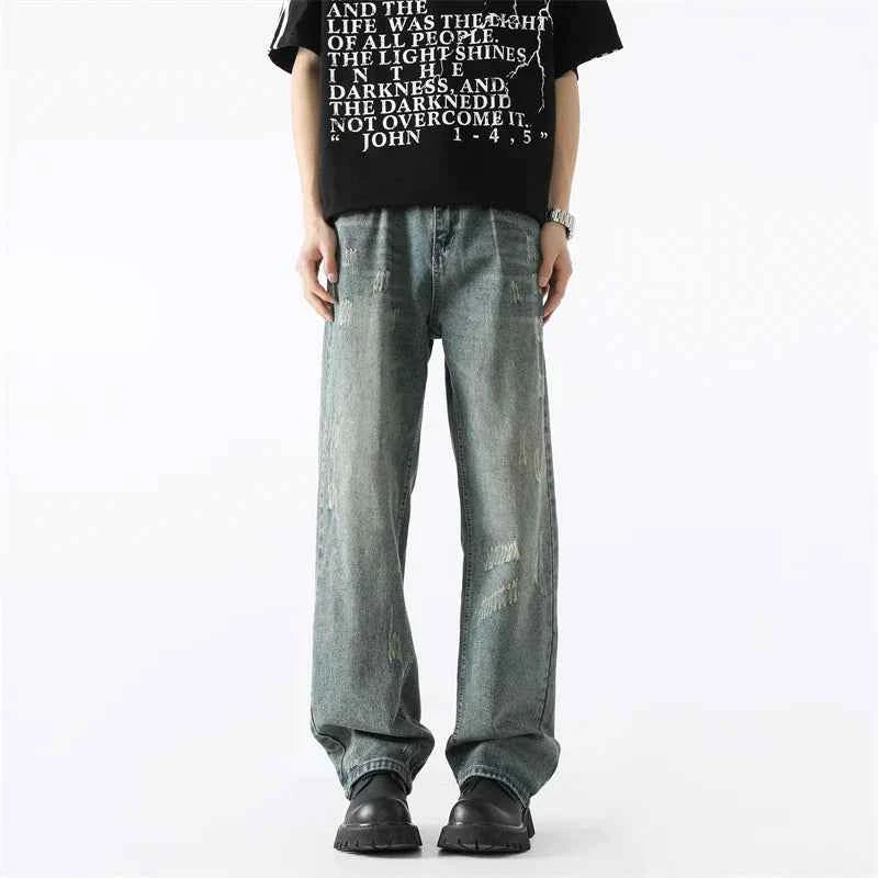 Vintage Streetwear Scratched Blue Ripped Jeans