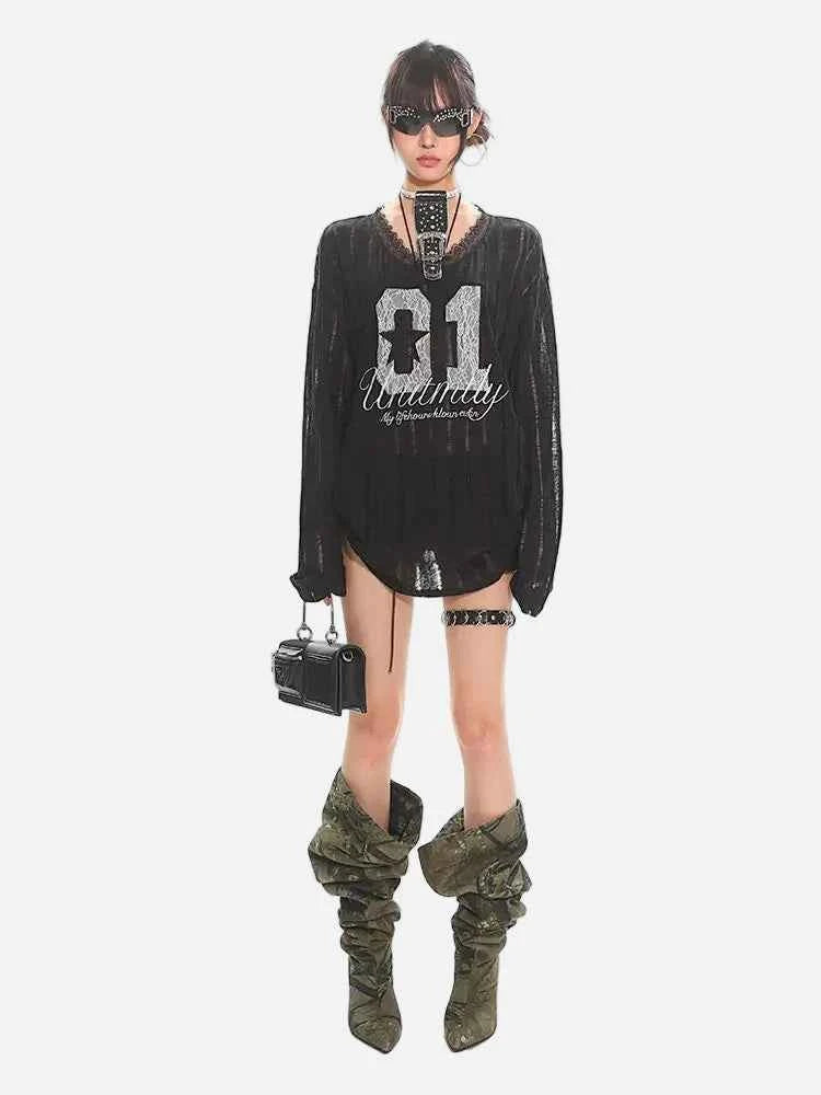 Hollow Out Lace Sexy V-Neck Long Sleeve T-Shirt