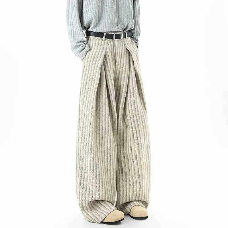 Striped Solid Color Woolen Pleated Wide Leg Pants