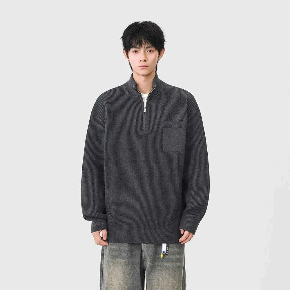 Soft Ribbed Knit Mock Neck Half Zipper Sweater