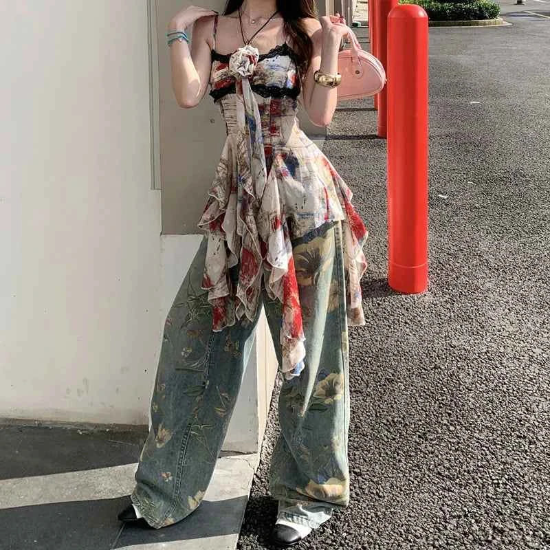 Women Chic Retro Floral Print Wide Leg Jeans