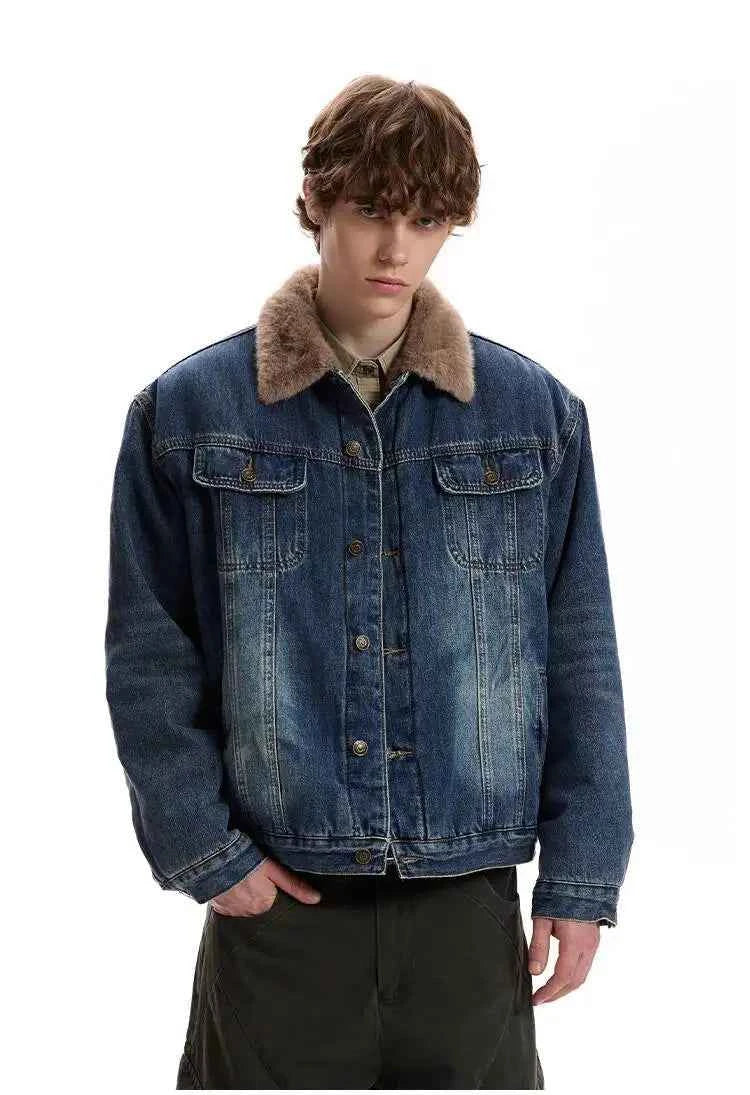Durable Style Brushed Fur Collar Denim Jacket