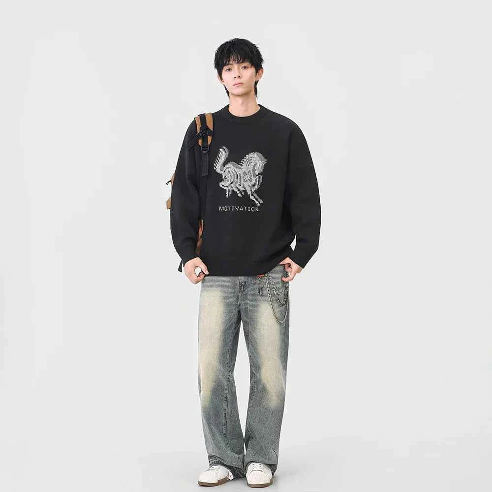 Cozy Horse Print Crew Neck Classic Sweater