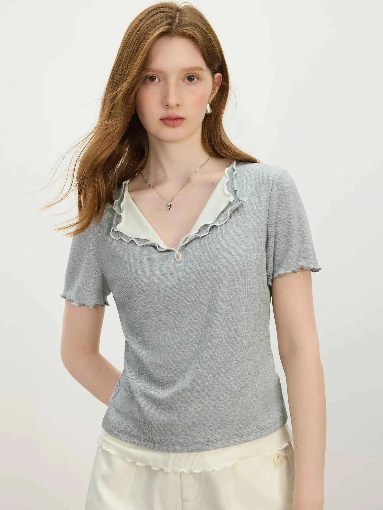 Layered Knit Lapel Short Sleeve T-Shirt