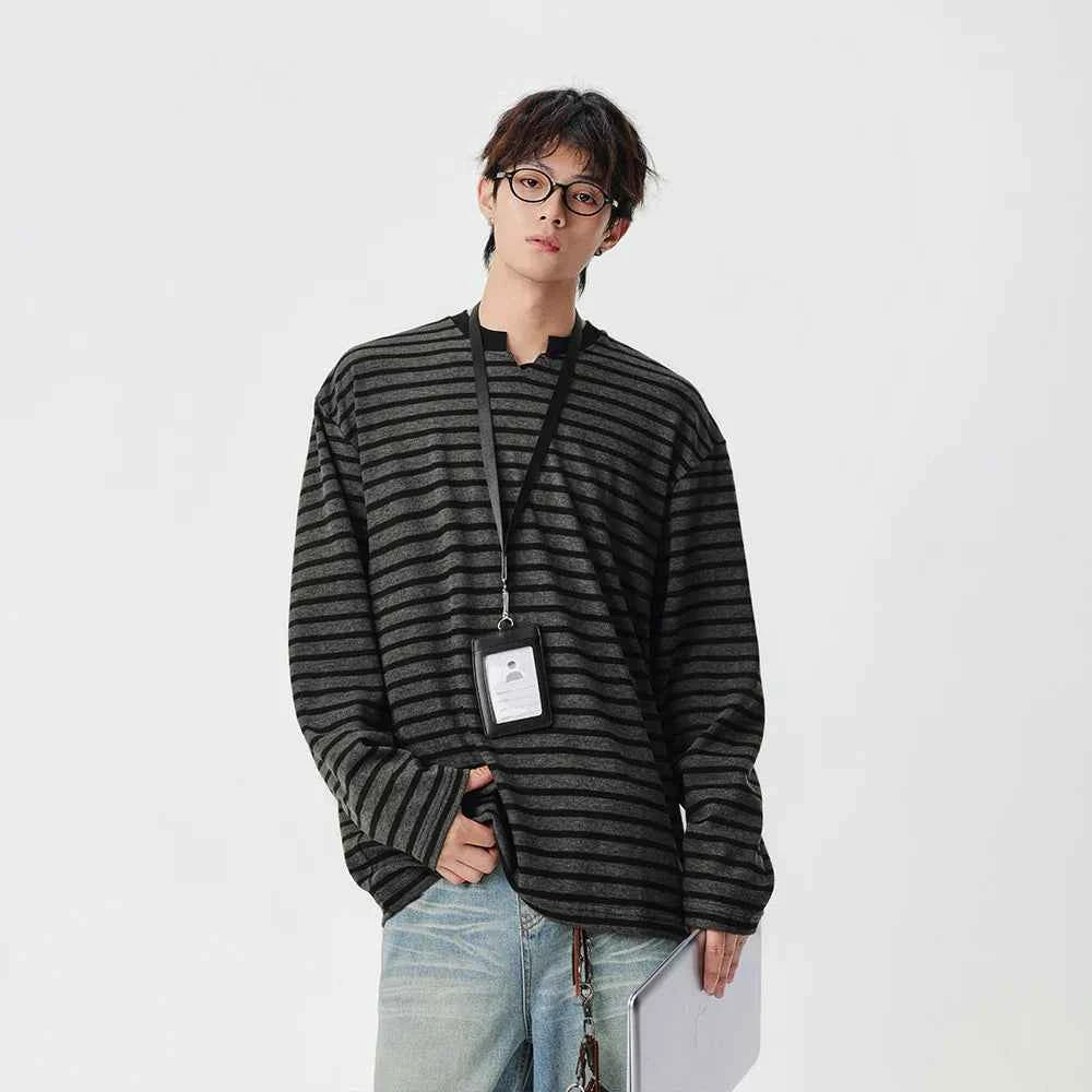Striped Notch Neck Casual Long Sleeve T-Shirt