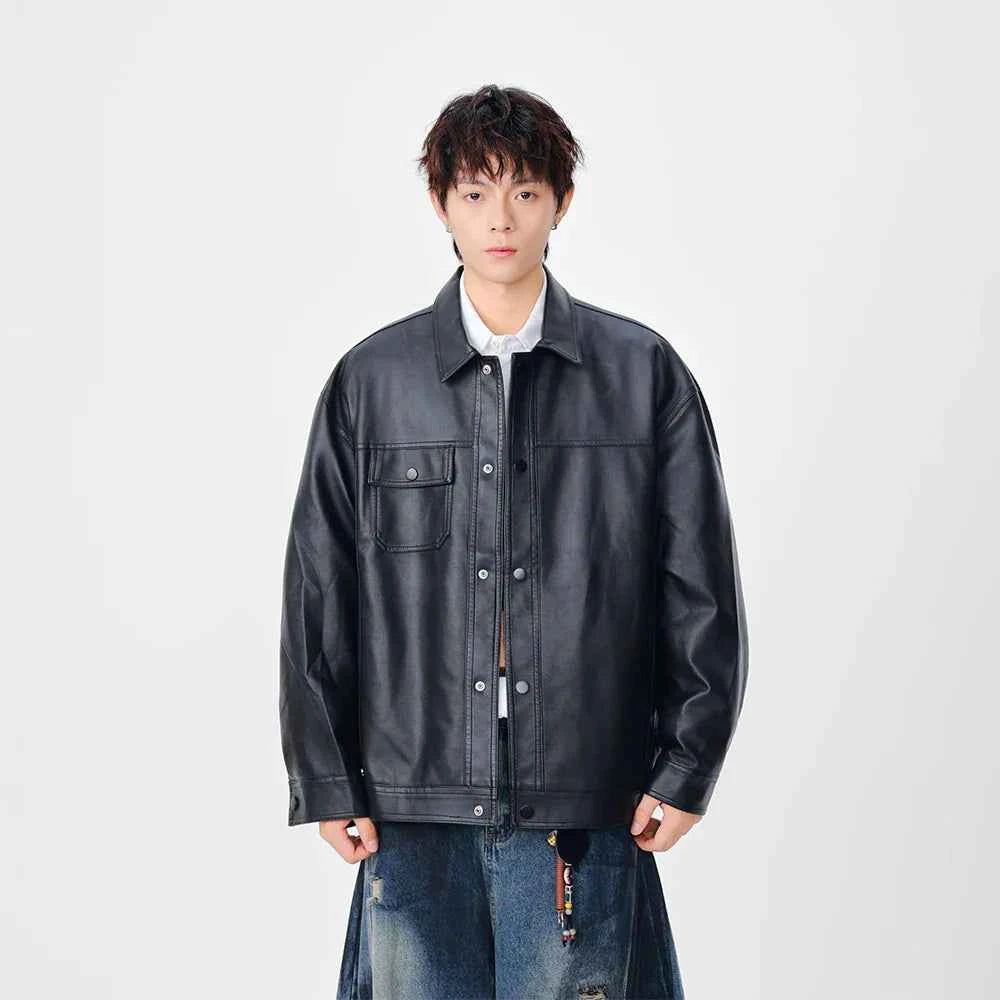 Trendy Faux Leather Lapel Button Jacket