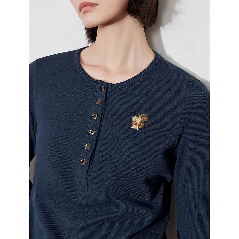 Knitted Squirrel Embroidered Long Sleeve T-Shirt