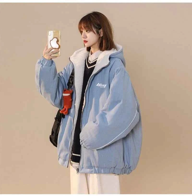 Women Winter Thickened Lamb Wool Hooded Jacket