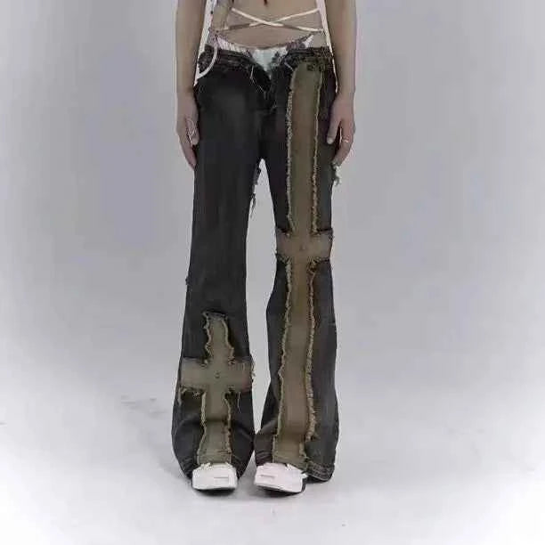 Gothing Patchwork Cross Design High Waist Jeans