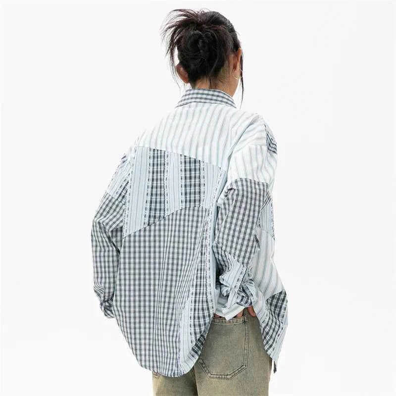 Women Plaid Patchwork Oversized Blouse Shirt