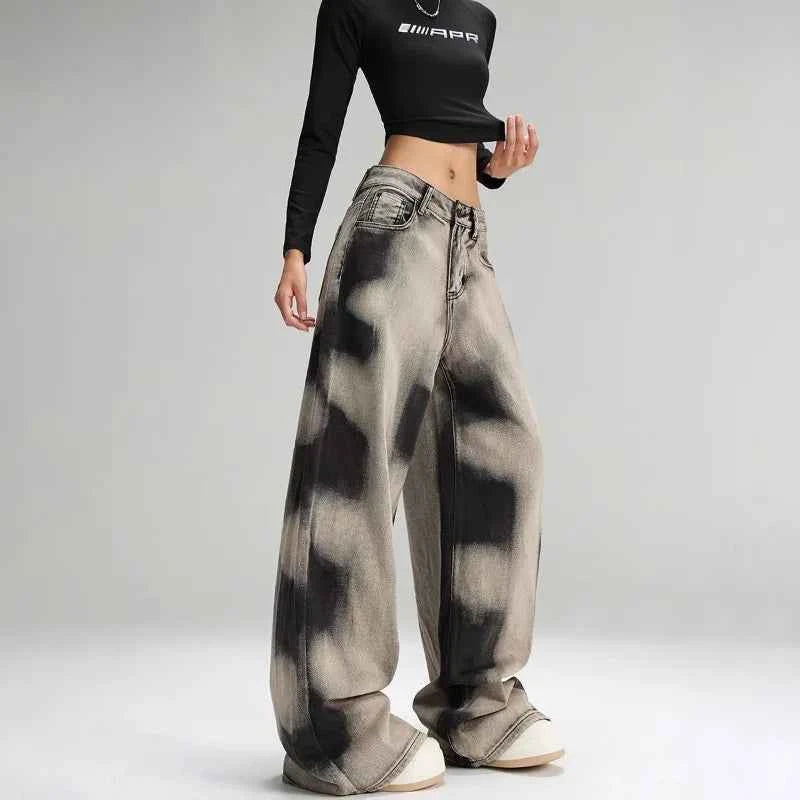 Women Vintage Grey Tie Dye Baggy Jeans