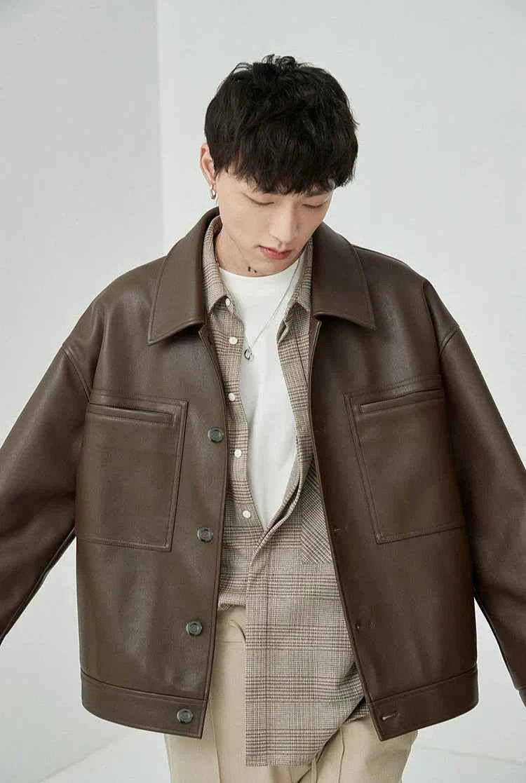 Brown And Black Oversized Faux Leather Jacket