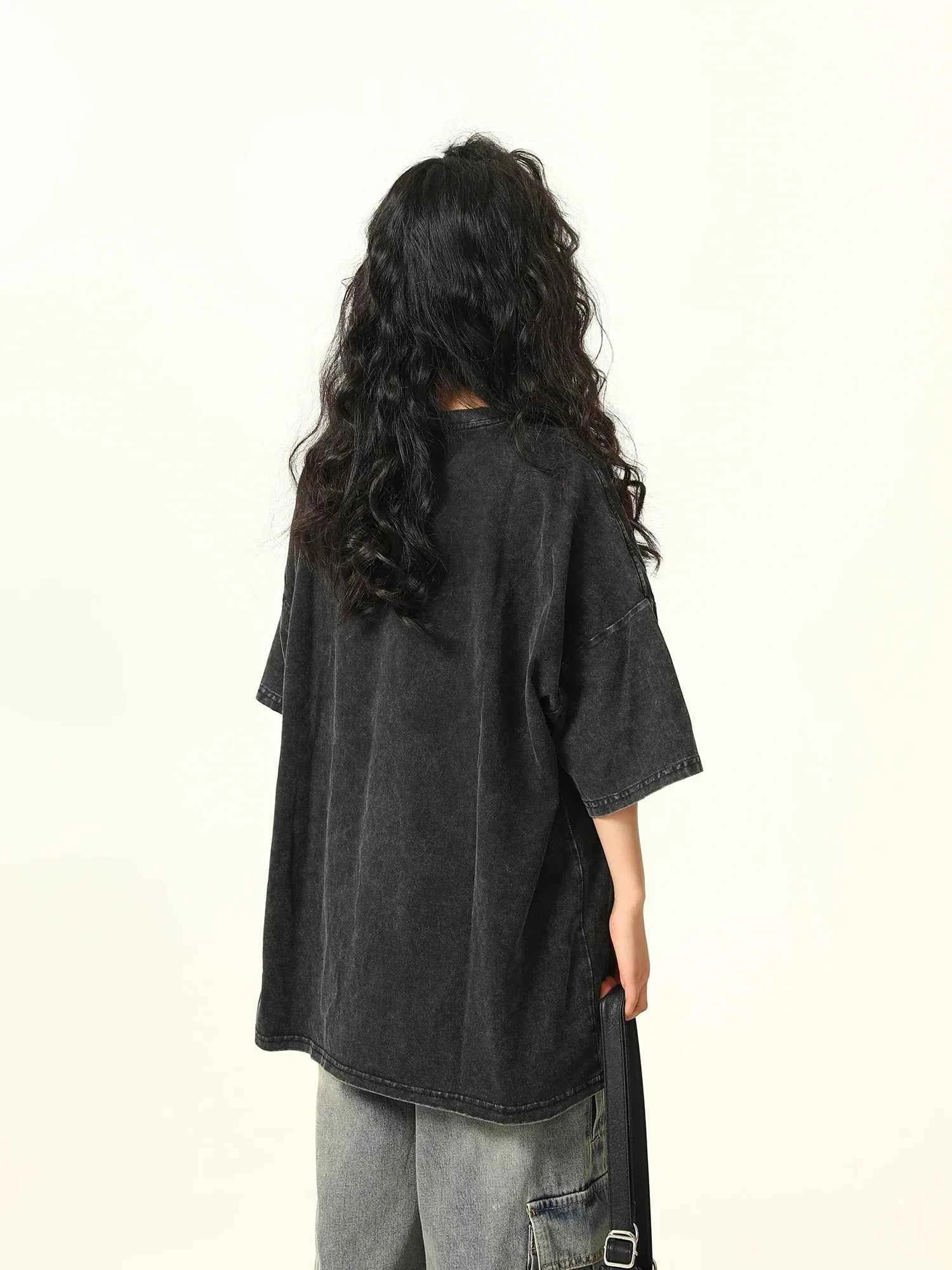 Washed Black Rose Print Round T-Shirt