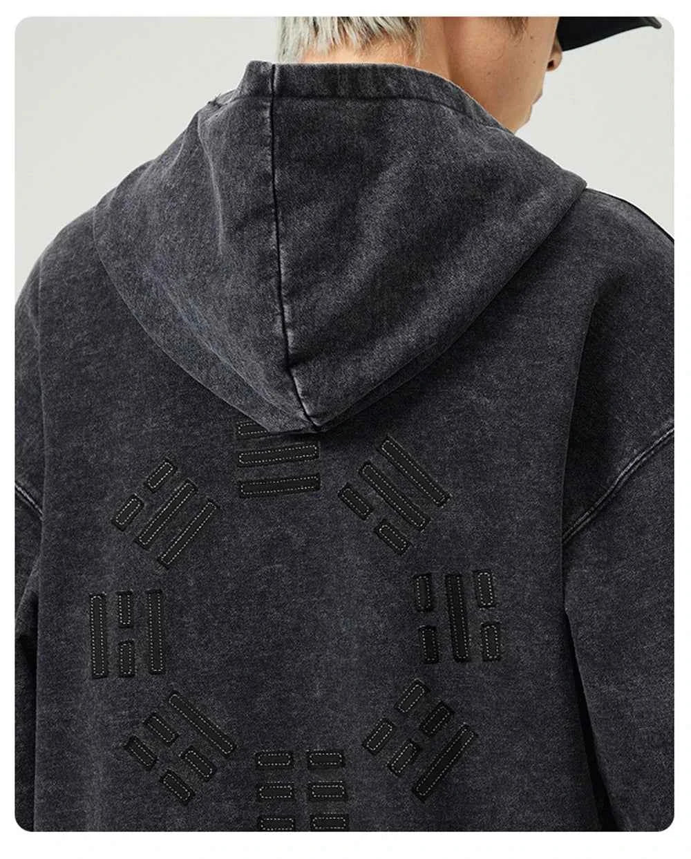 Washed Streetwear Embroidered Zip-Up Hooded Sweatshirt