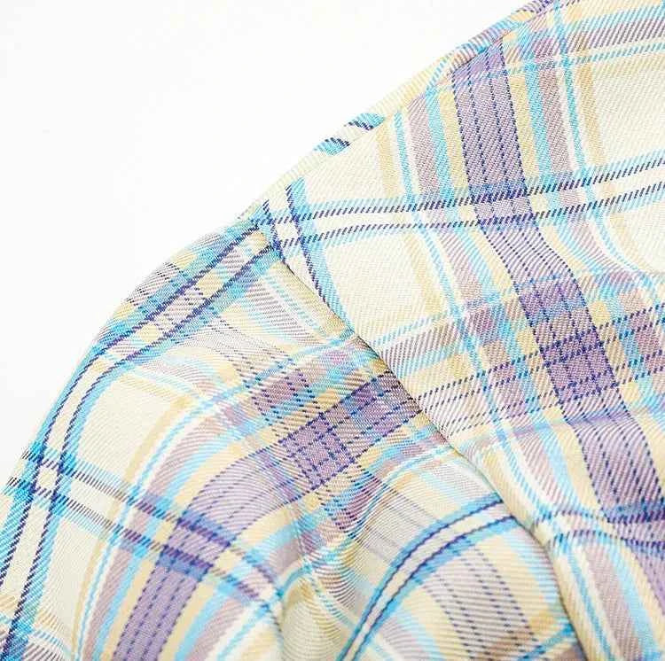 Plaid Embroidery Lapel Spring Fall Long Sleeve Shirt