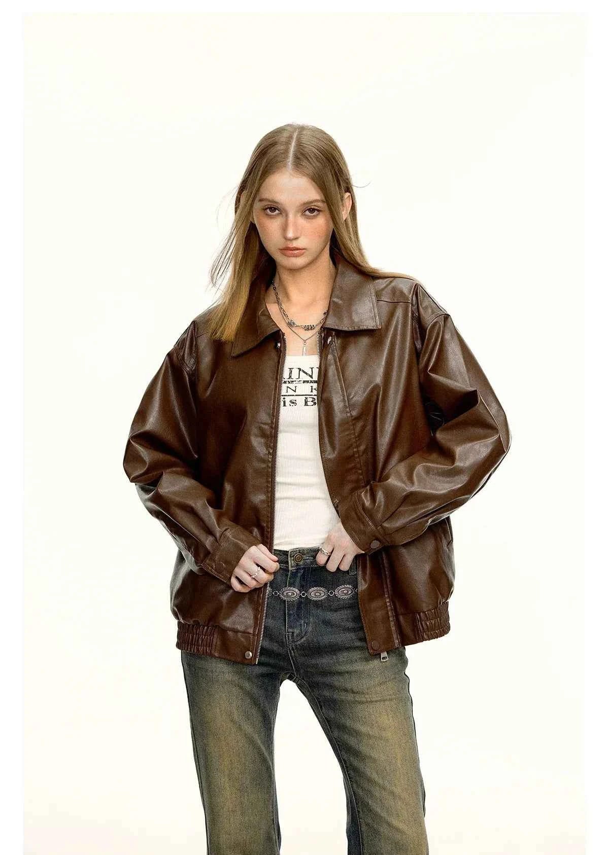 Women Cool High End Solid Color Leather Jacket