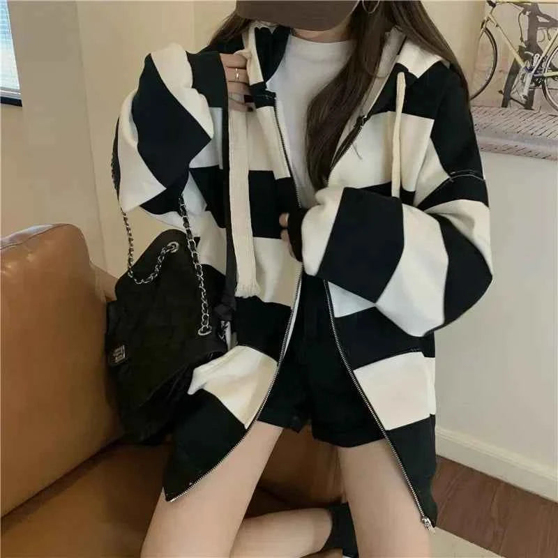 Stylish Korean Style Striped Loose Hooded Sweatshirt
