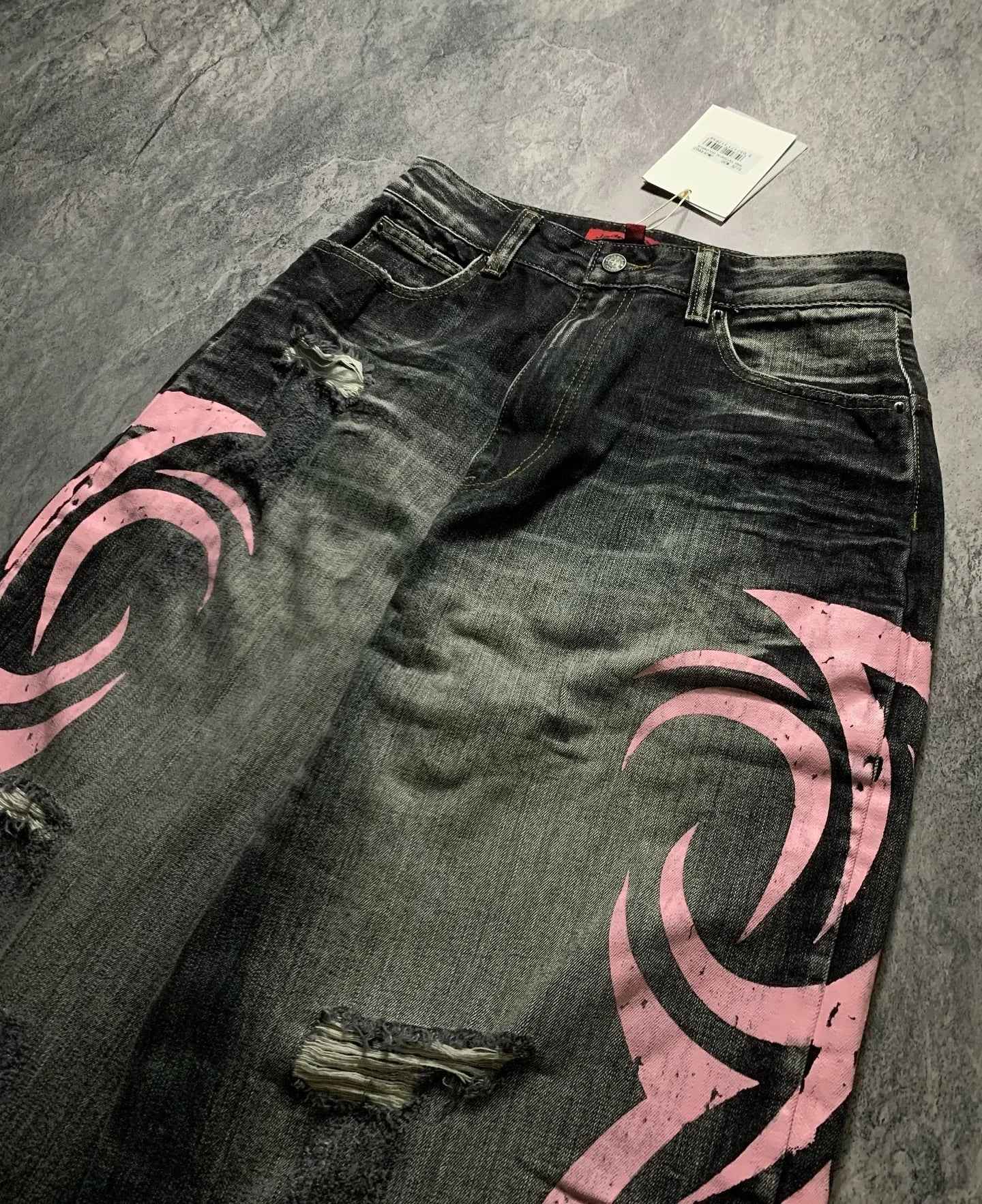 Pink Flame Emblem Doodle Print Jeans