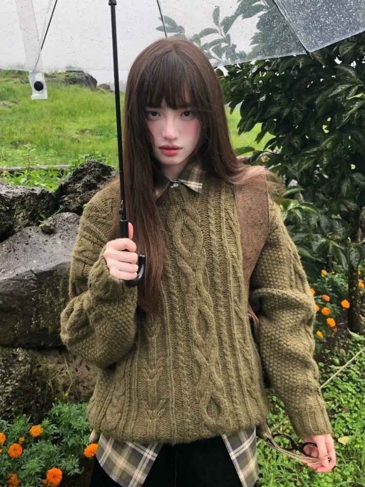 Women Vintage Green Knitwear Casual Sweater