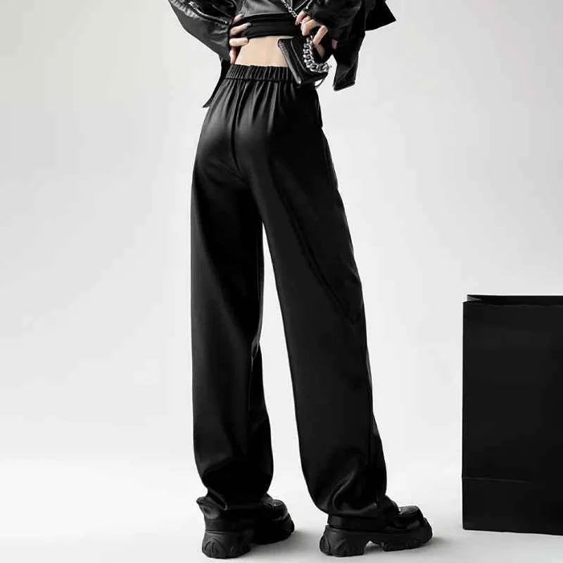 Retro Black Wide Leg Leather Pants