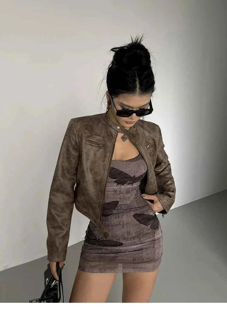 Women Retro Slim Stand Collar Leather Jacket