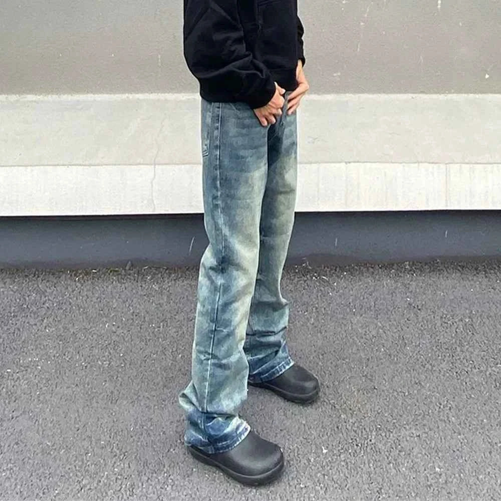 Vintage Distressed Blue Denim Flared Jeans
