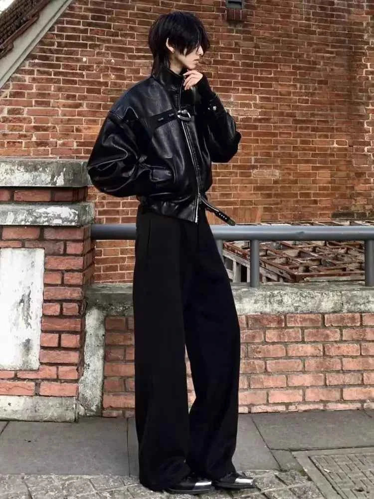 Black Stand Collar PU Leather Jacket