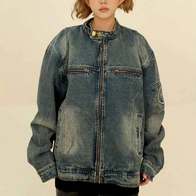Loose Blue Denim Jacket with Pockets
