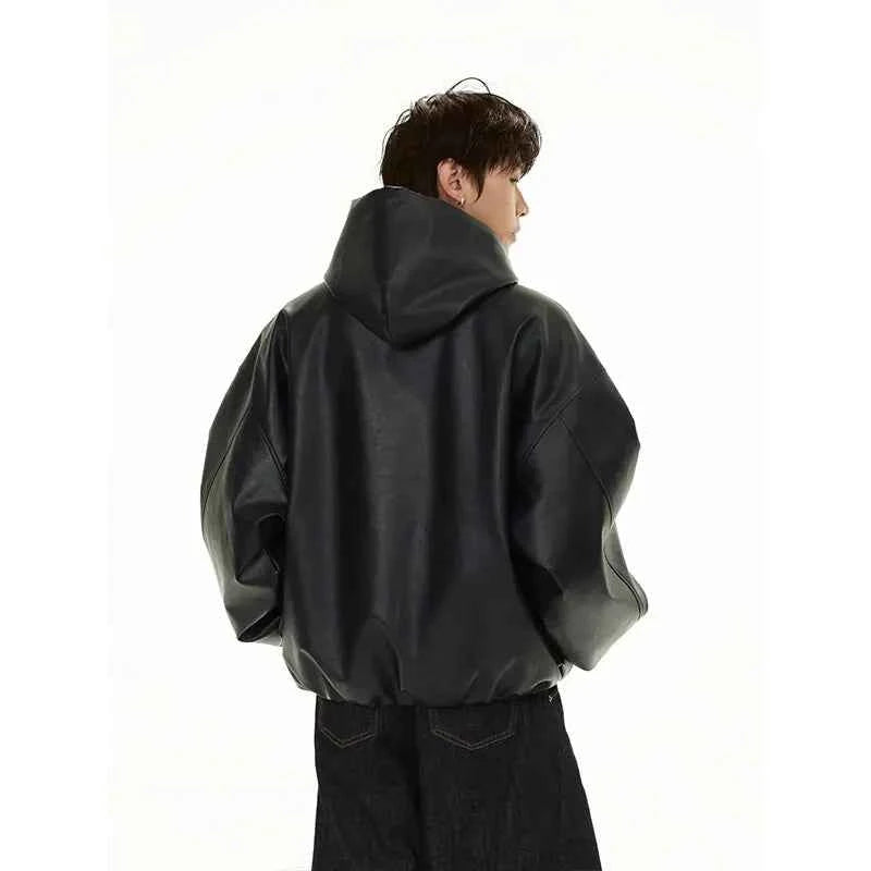 Classic Vintage Bomber Hooded PU Leather Jacket